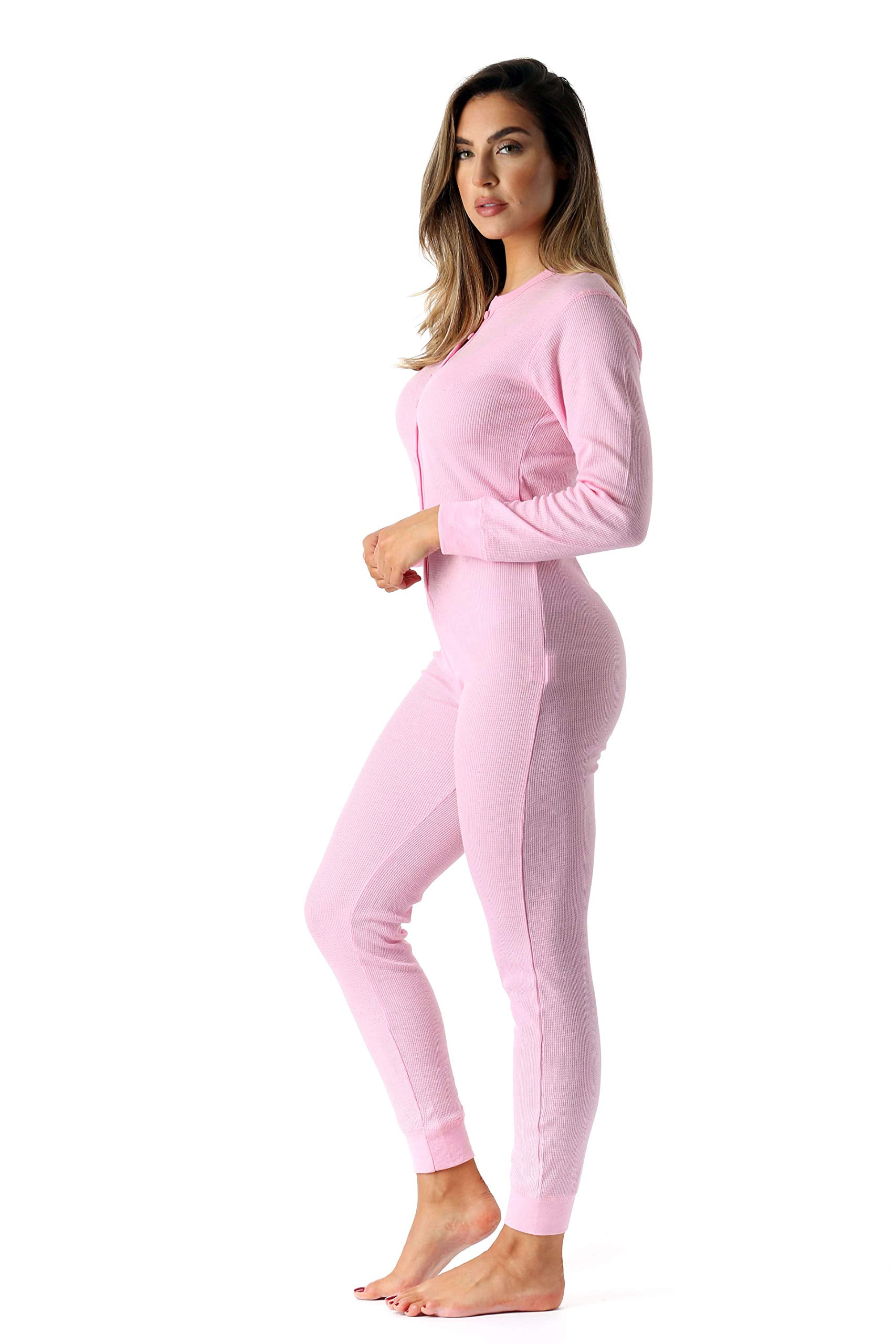 #followme Women's Thermal Henley Onesie - Soft and Cozy Union Suit for Winter Sleepwear and Lounging (Pink, XX-Large)