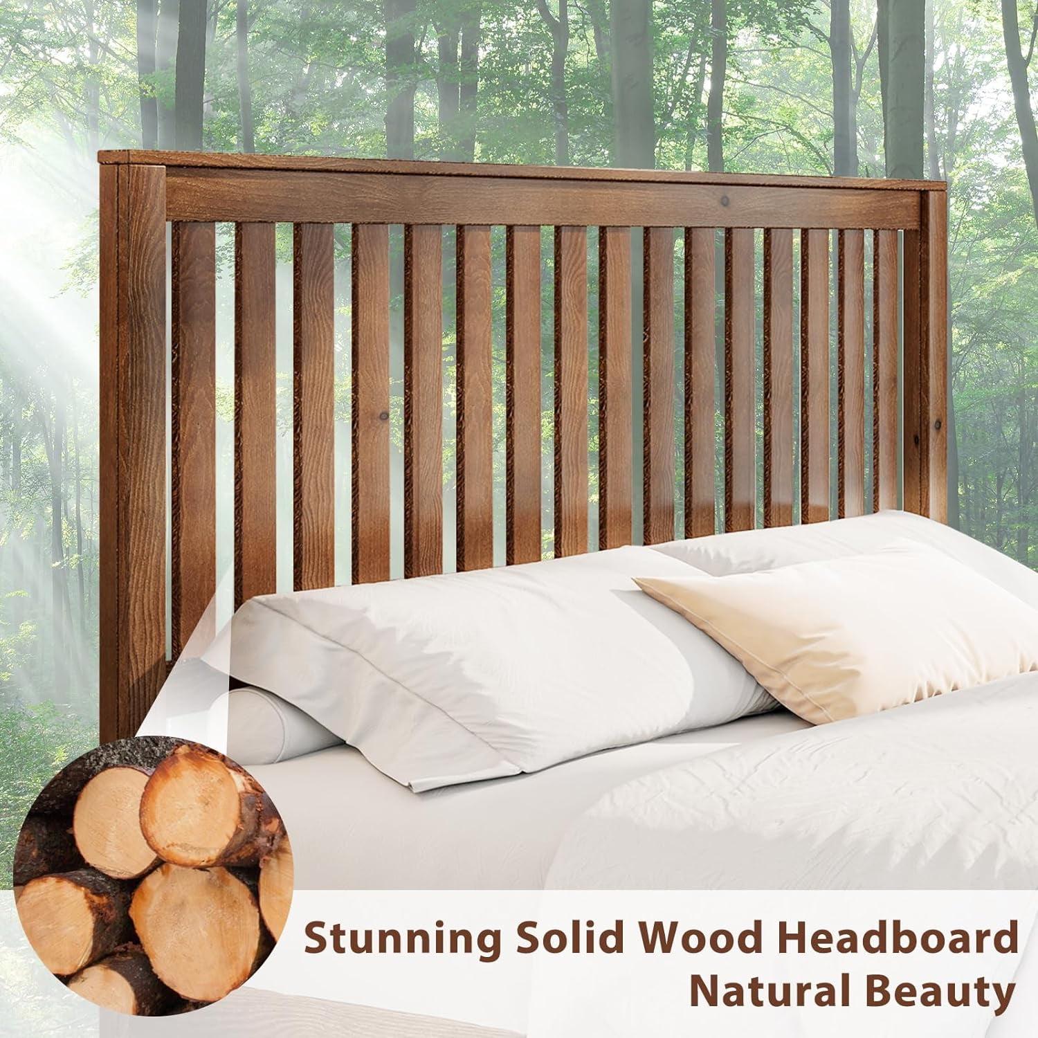 VanAcc Queen Size Bed Frame, Solid Wood Platform with Wooden Headboard for Bedroom, Walnut