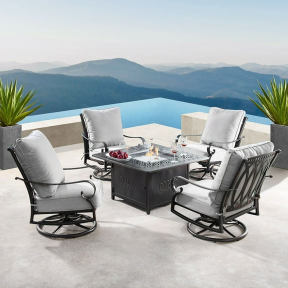 Outdoor Living and Style 5-Piece Black and Gray Outdoor Patio Square Fire Table with Deep Seating