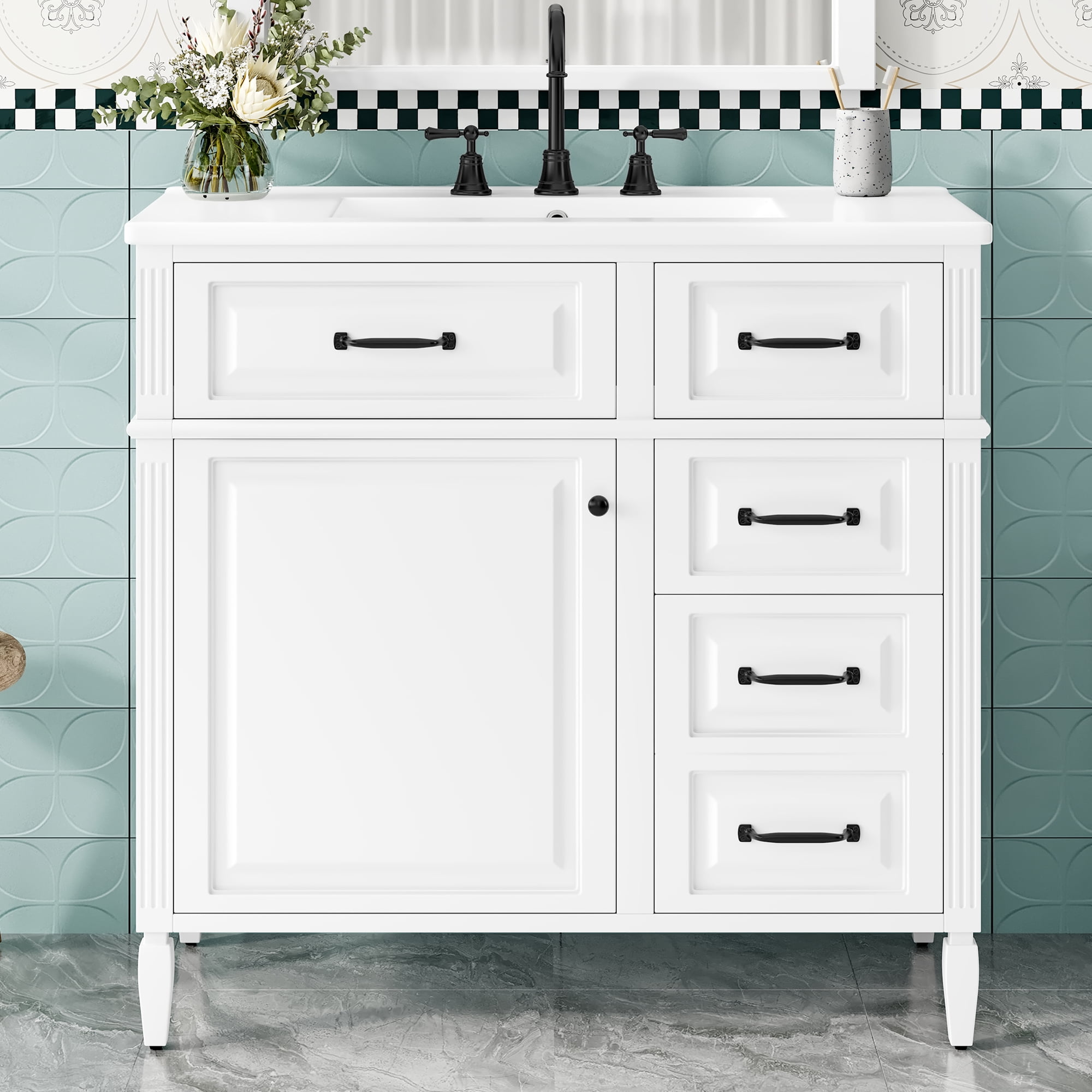 Euroco 36-Inch Bathroom Vanity with Ceramic Sink Top, Solid Wood Frame and MDF Cabinet, Flip Drawer Design with Adjustable Shelf and Metal Handles, Freestanding Bathroom Storage Cabinet