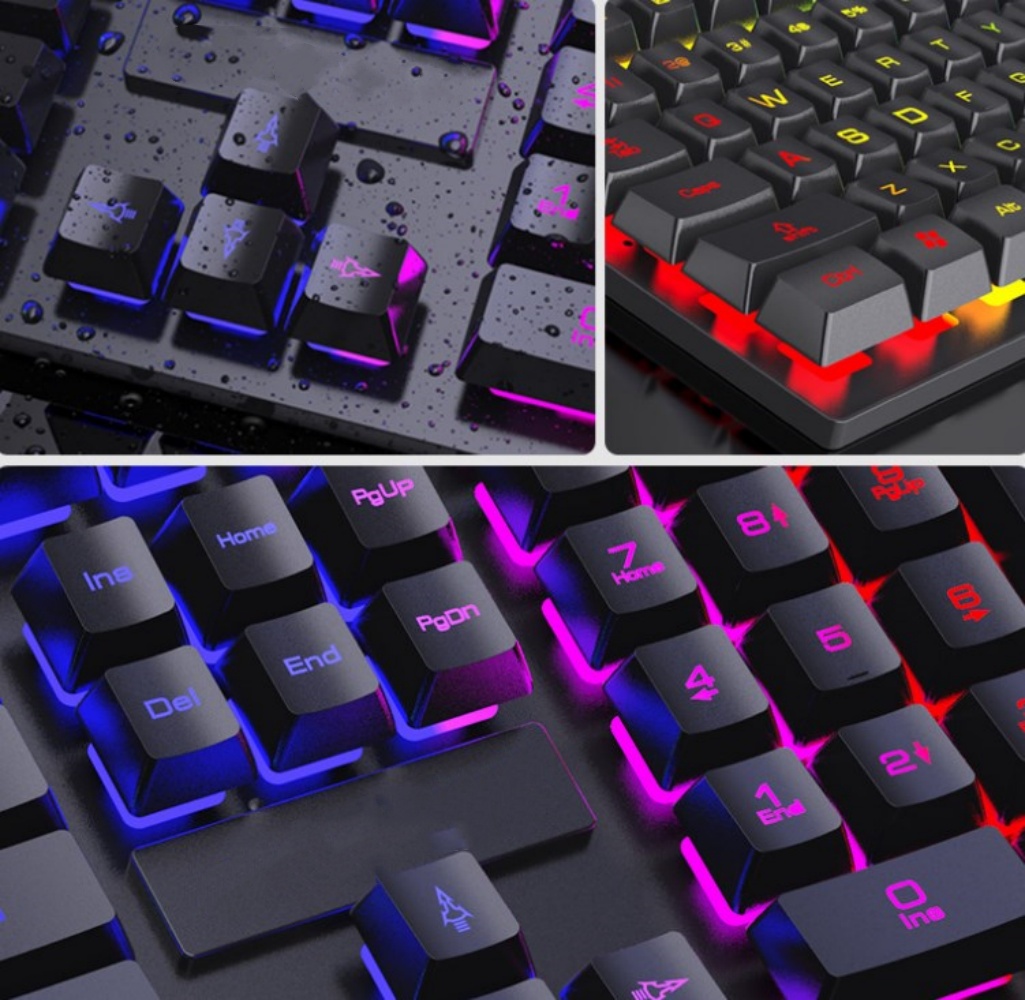 Wired Gaming Keyboard and Mouse Headset Combo, Boriyuan 4 in 1 Gaming Set, Rainbow LED Backlit Wired Keyboard, Over Ear Headphone with Mic, Rainbow Backlit Gaming Mice, Mouse Pad (Black)