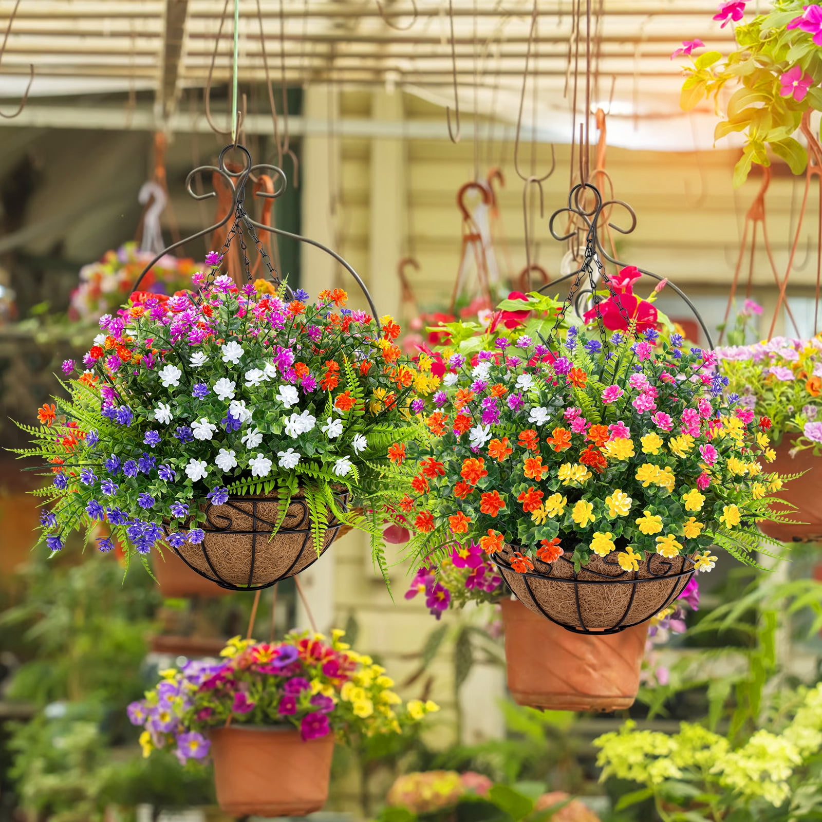 Scidweet Artificial Hanging Flowers with Basket, 12 Pcs Outdoors Fake Plants with Coconut Lining Basket Spring Summer Decoration for Home Garden Decor, Mixcolor