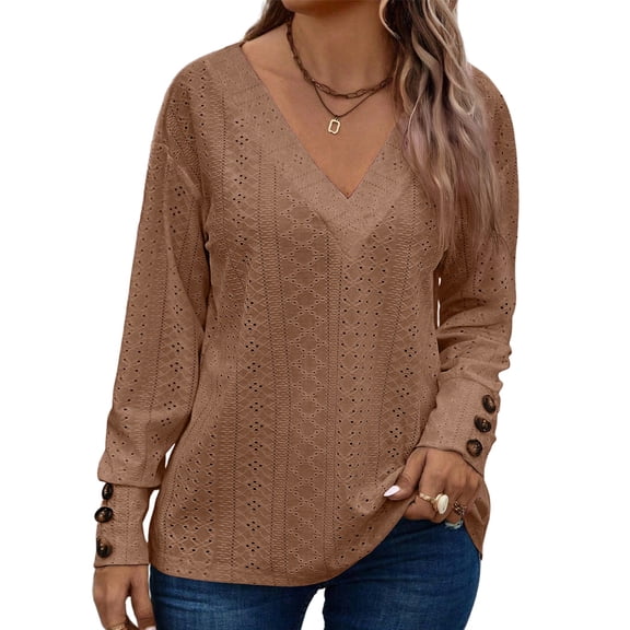 SHEWIN Womens Blouse Plus Size Tops Lace V Neck Long Sleeve T Shirts Dressy Eyelet Embroidered Tunics Top Spring Fall Blouses Camel 3X