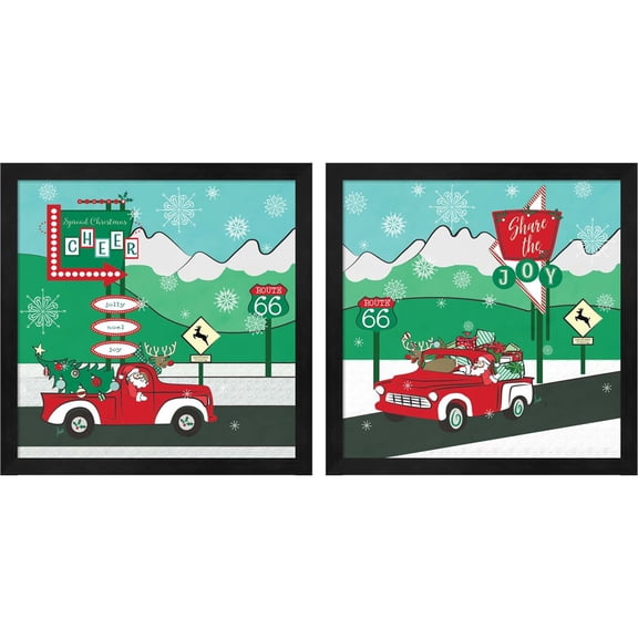 Great Art Now Retro Santa Driving by Andi Metz, 2 Piece Framed Art Set Each 13"W x 13"H