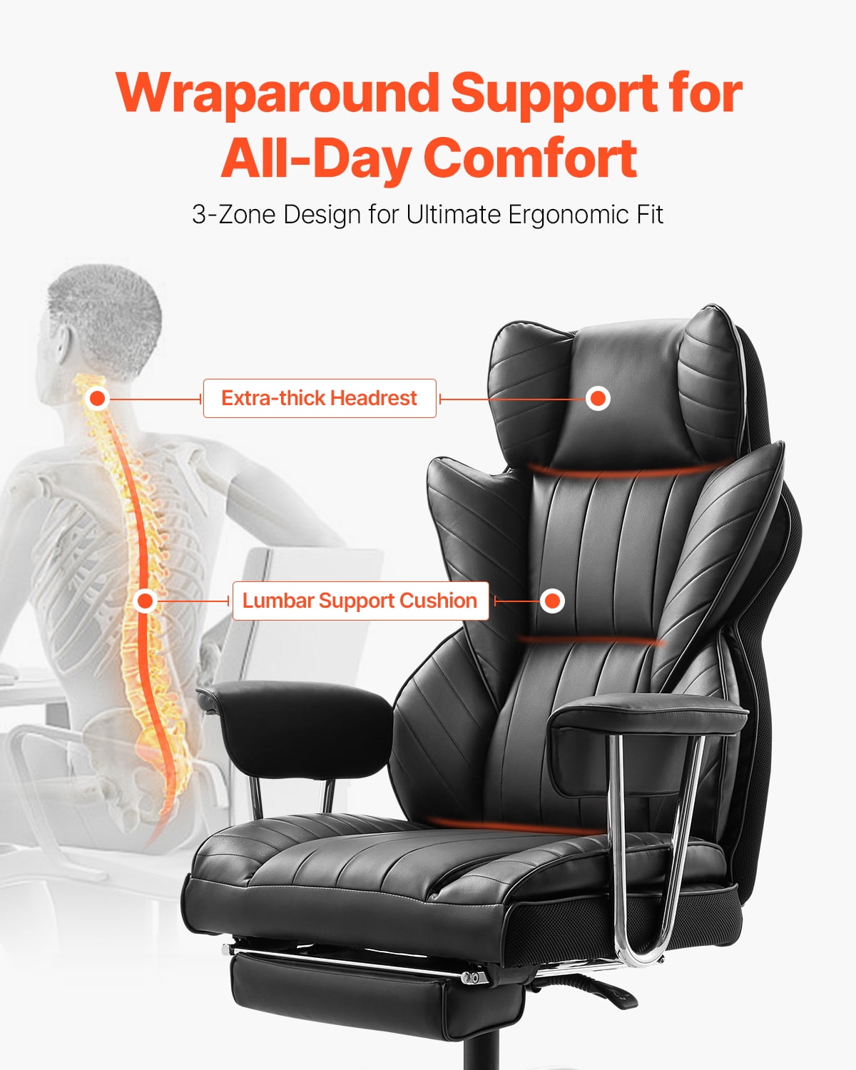 VEVOR Executive Office Chair with Footrest, 400lb Capacity Office Chair with Lumbar Pillow & Removable Armrests, Heavy Duty Ergonomic Chair, PU Leather Reclining Home Office Desk Chairs, Black