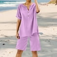 thumbnail image 2 of Casual Shorts for Women, Running Shorts for Women,Women's Linen Shorts Suit Summer Casual Two Piece Set Trendy Button Down Shirt Comfy Resort Wear Loose Fit V Neck Blouse, 2 of 6
