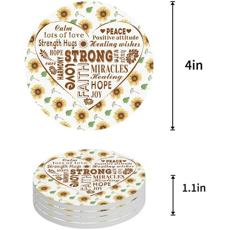 

KXMDXA Compassion Strength Courage Warm Hugs Healing Thoughts Positive Energy Sunflowers Set of 8 Round Coaster Drinks Absorbent Ceramic Stone Coasters Cup Mat Cork Base Coffee Table Bar Decor