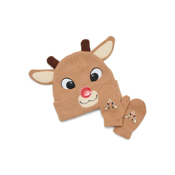 Rudolph the Red-Nosed Reindeer Toddler Beanie Hat and Gloves Set, 3-Piece