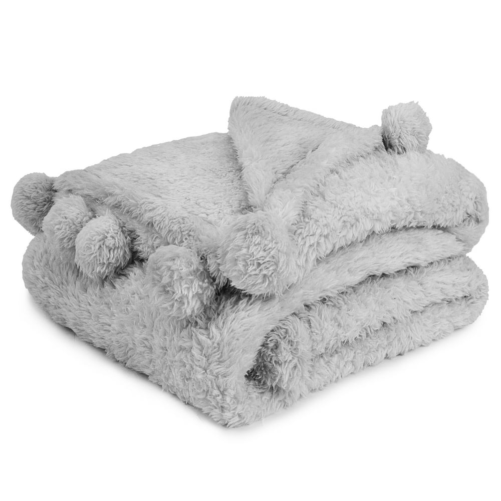 PAVILIA Light Gray Sherpa Throw Blanket for Couch, Pom Pom Fluffy