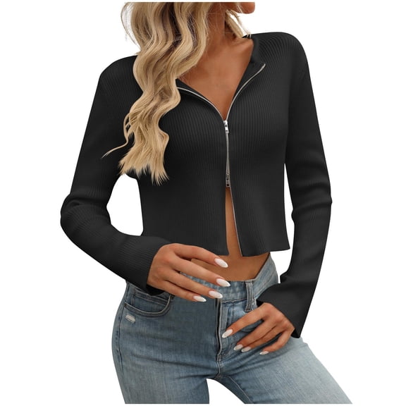 RYRJJ Womens Y2k Zip Up Cropped Cardigan Sweater Long Sleeve Solid Color Slim Fit Ribbed Knitwear Tops Trendy Fall Clothes(Black,M)