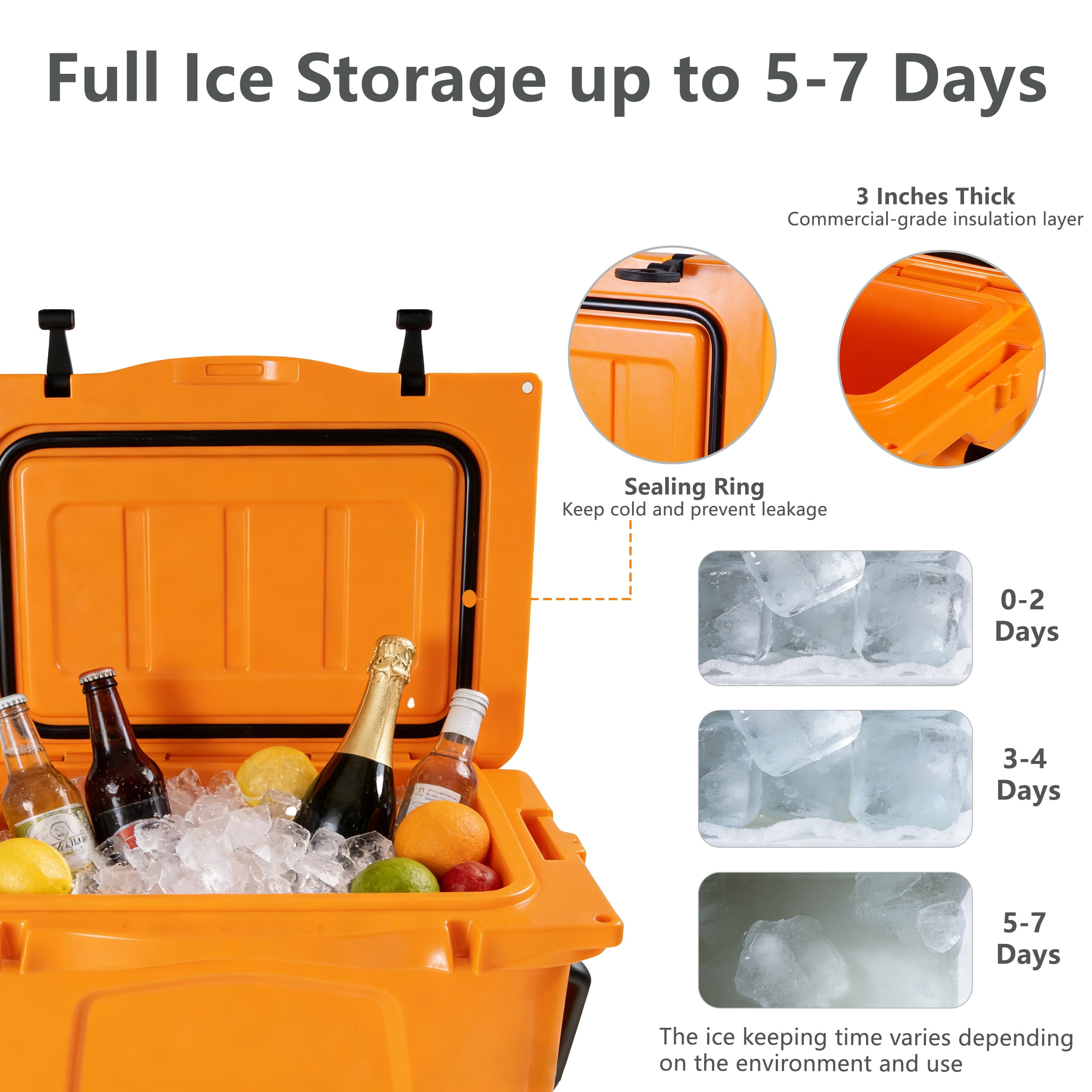 25QT Portable Cooler, Insulated Hard Ice Chest, 5-7 Day Ice Retention, Bottle Opener & Cup Holder for Beach Camping Fishing – Orange