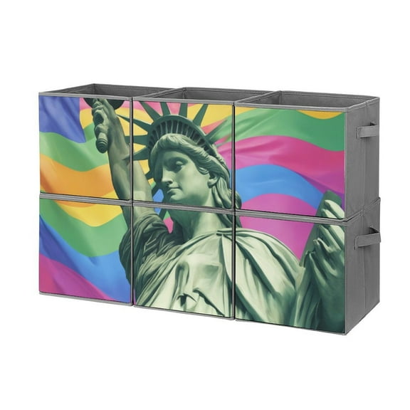 Collapsible Oxford Fabric Storage Cubes with Handles, Large Mid Foldable Oxford Cloth Bins Set of 2/6, Closet Organizers for Shelves Clothes Home Kitchen Toy - Statue of Liberty LGBT