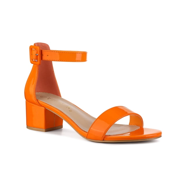 BLISSFUL STEP Women's Shoes Open Toe Block Heel Ankle Strap Sandals Orange 8.5