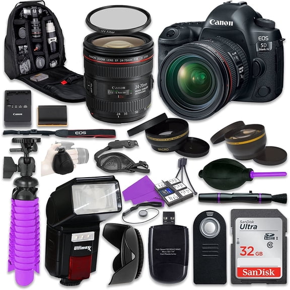 Canon 5D Mark IV DSLR Camera with Canon EF 24-70mm f/4L is USM Lens, Auxiliary Panoramic and Telephoto Lenses, 32GB Memory   Accessory Bundle