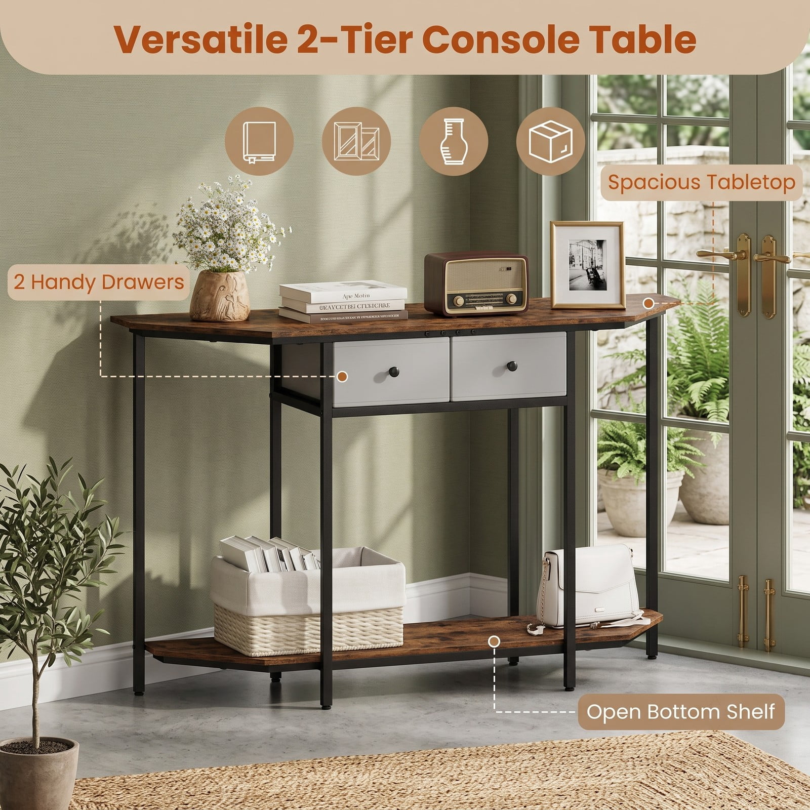 Furnibear Console Table with 2 Drawers and Polygonal Top and Open Storage Shelf and Metal Frame for Entryway, Rustic Brown