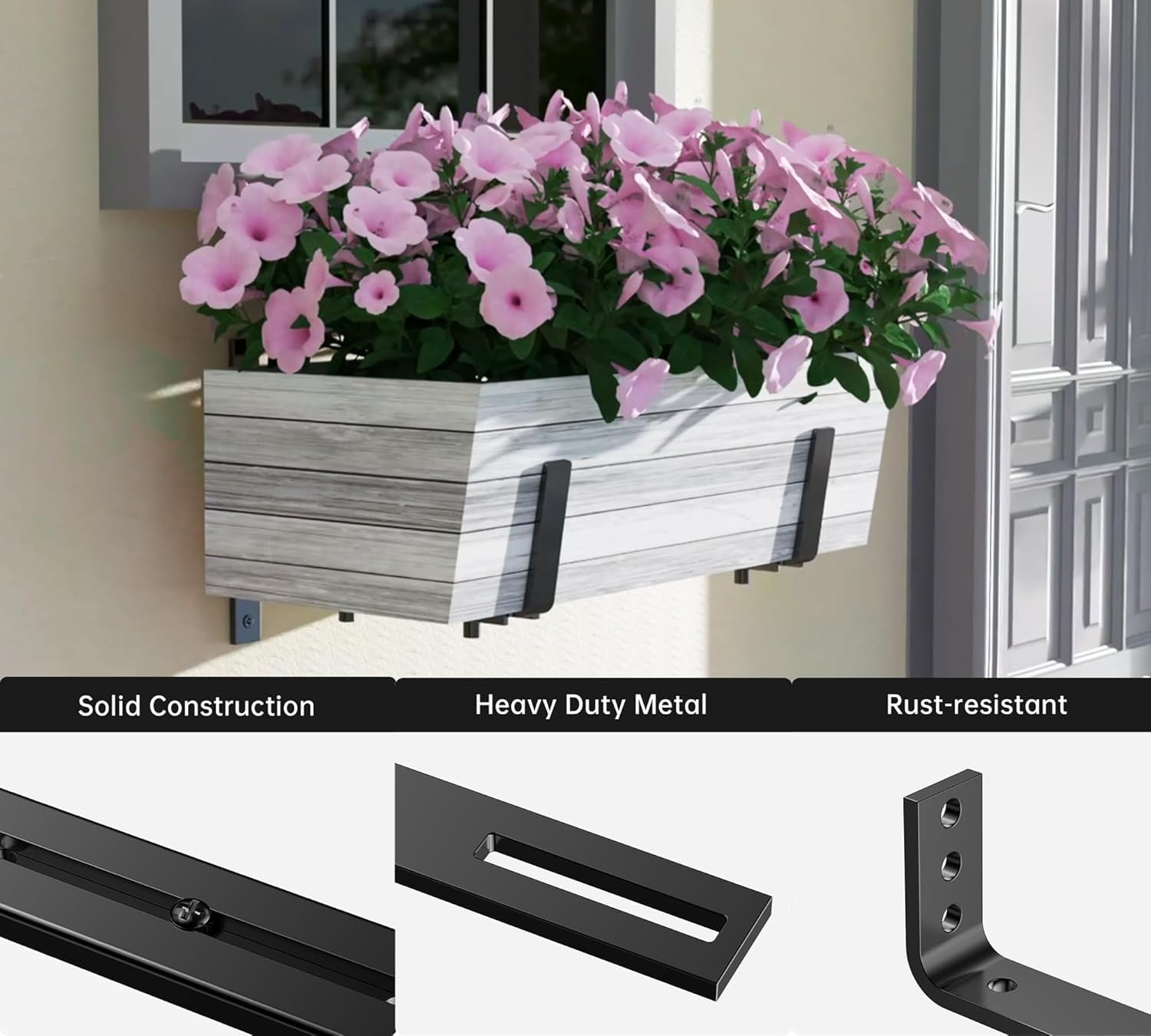 Adjustable Planter Box Brackets (6 to 12.5 in), Universal Window Box Brackets, Heavy Duty Iron Flower Box Wall Mounting Hooks for Balcony, Fences, Patio, and Garden