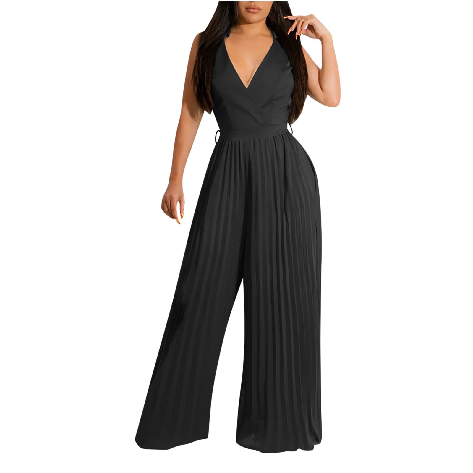 Women's Summer Jumpsuit Wrap V Neck Sleeveless Pleated Wide Leg