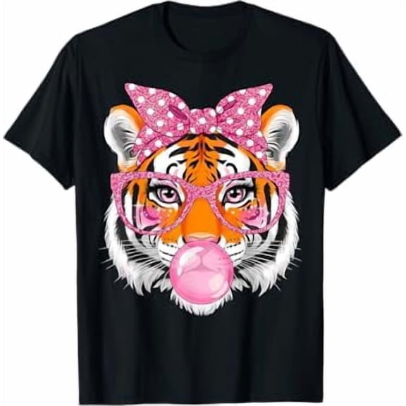 Tiger with Glasses Bubblegum and Pink Bow T-Shirt