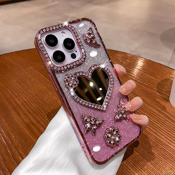 Kryonix for iPhone 16 Case Cute New Shockproof Shiny Heart Mirror Butterfly Crystal Cover, Purple/Blue/Pink/Black