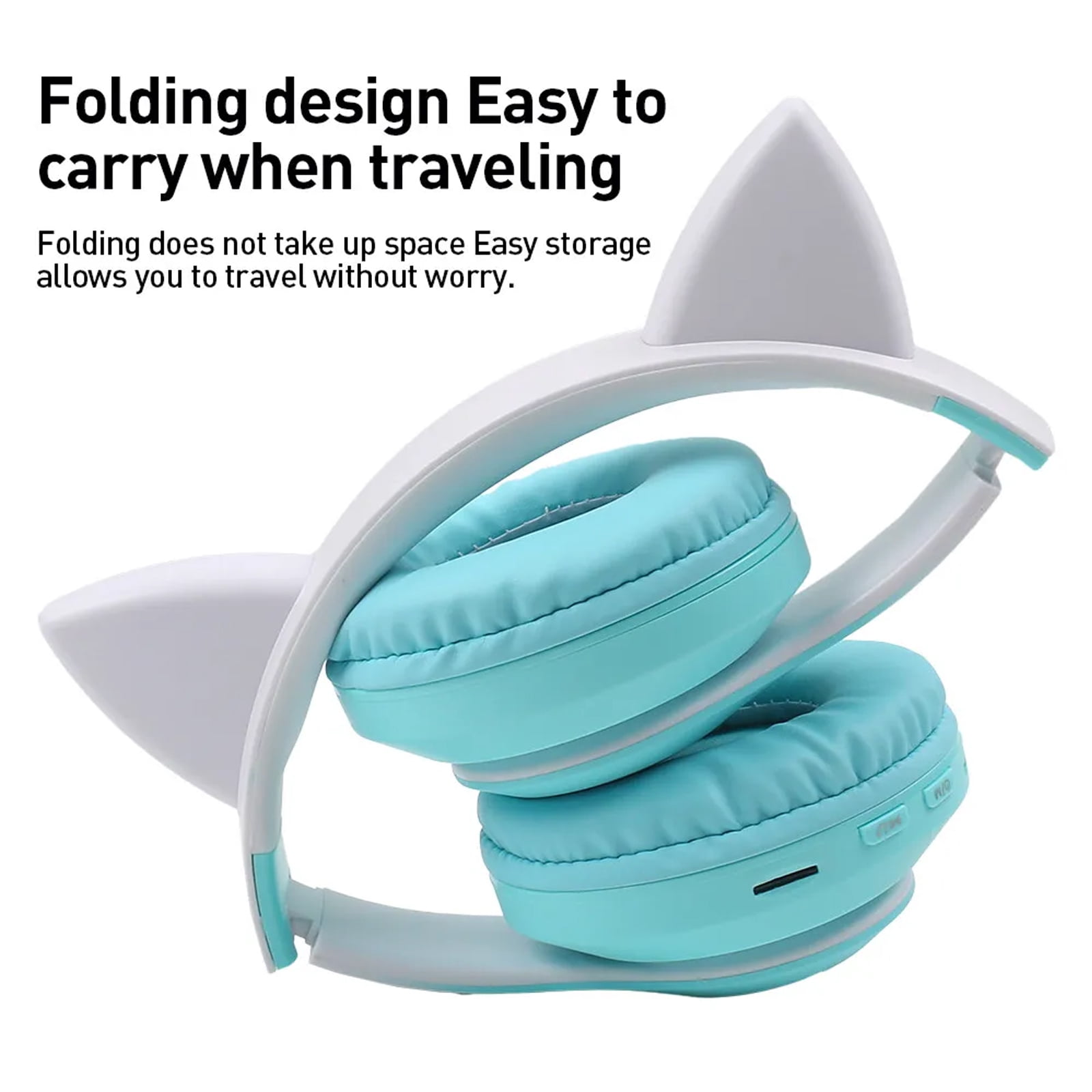 Soapow Cat Ear Kids Bluetooth Headphones for Girls for School, Foldable Gaming Headset with Microphone/LED Light up, Adjustable Headband Teens Toddlers Wireless Earphones for Tablet/PC(Green)