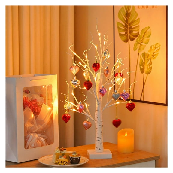 23.6in Valentine White Birch Tree with LED Lights and Heart Ornaments for Tabletop Centerpiece
