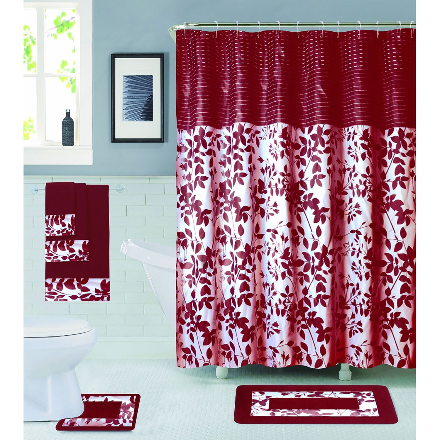 Sandra 18 Piece Leaf Banded Bath Rug, Shower Curtain and Towel Set