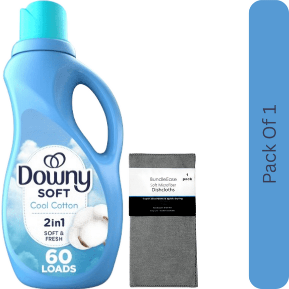 Downy Liquid Laundry Fabric Softener and Conditioner, Cool Cotton Scent, 44 fl oz, 60 Loads with Microfiber Solid Color Towel by BundleEase
