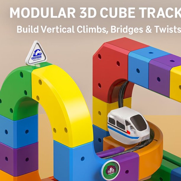 Clickrail - Set di binari elettrici flessibili da corsa, 51/81/118 pezzi, blocchi binario cubo treno con layout 3D che sfidano la gravità, blocchi magnetici e treno motorizzato, giocattolo per bambini