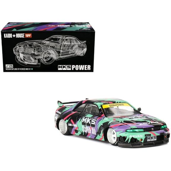 Nissan Skyline GT-R (R33) "HKS V1" RHD (Right Hand Drive) Black with Graphics (Designed by Jun Imai) "Kaido House" Special 1/64 Diecast Model Car by Mini GT