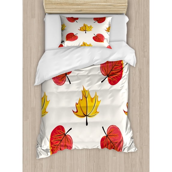 Fall Leaves Duvet Cover Set Twin Size, Doodle Style Graphical Shapes of Leaves, Decorative 2 Piece Bedding Set with 1 Pillow Sham, White Mustard Dark Coral, by Ambesonne