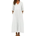 thumbnail image 2 of Cotton Linen Dresses for Women 2025 Fall Long Length Sleeve V Neck Maxi Dress Boho Vacation Beach Sundresses White L, 2 of 4