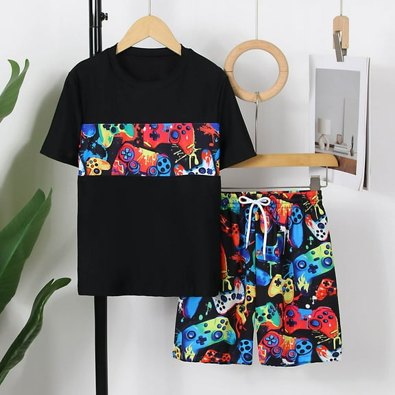 Boys Swimsuit TOOYOU Toddler Game Console Print Swim Set Short Sleeve Rash Guard & Board Shorts With Upf50 Size 9-10 Years,Black Boys Trendy Swimsuit Set