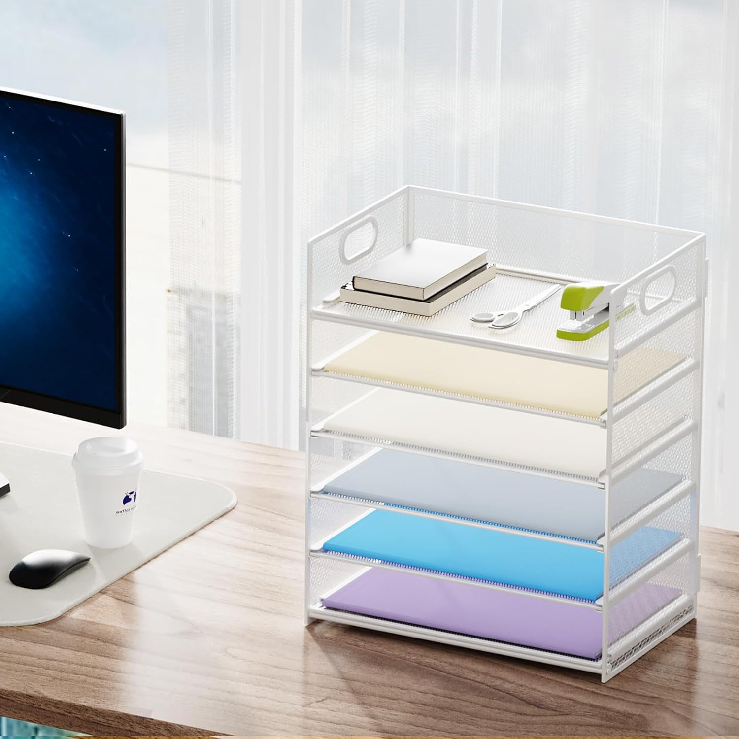 6 Tier Paper Organizer Letter Tray - Mesh Desk File Organizer with Handle, Paper Sorter for Letter/A4 Office File Folder Holder - White