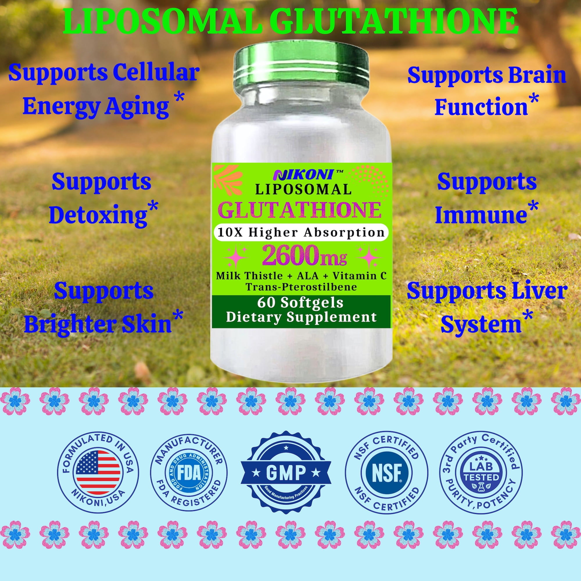 Nikoni Liposomal Glutathione Supplement, 2600 mg with Antioxidant, Supports Skin, Cellular & Immune Wellness – 240 Softgels