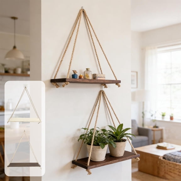 Wooden Hanging Shelf - Rural Style Rope Swaying Floating Wall Display Rack, Natural Jute & Wood Storage Shelf for Living Room, Bedroom, Bathroom & Kitchen, Space-Saving Home Decor, 18*6in, Brown