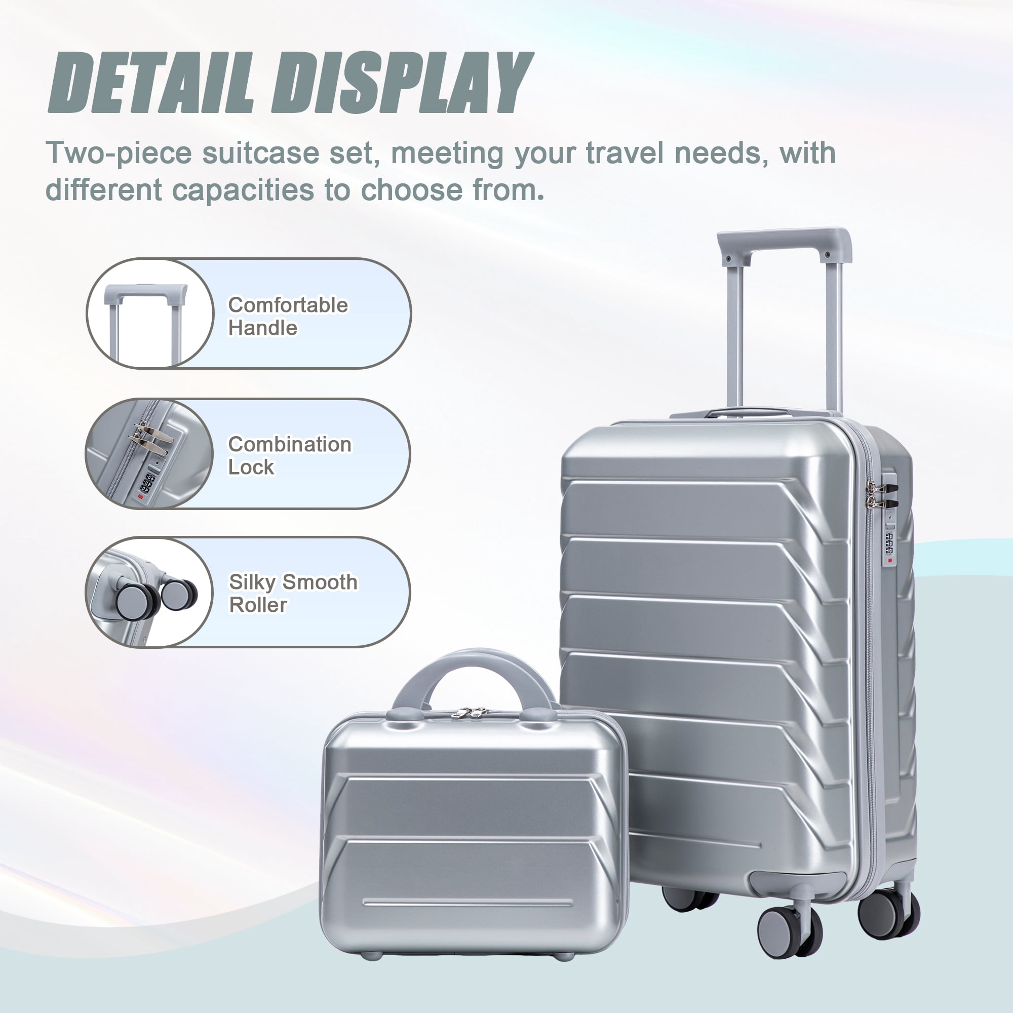 Alvantor 2 Pcs Luggage Set with Combination Lock, 20" ABS Spinner Suitcase & 14" Cosmetic Case, Silver