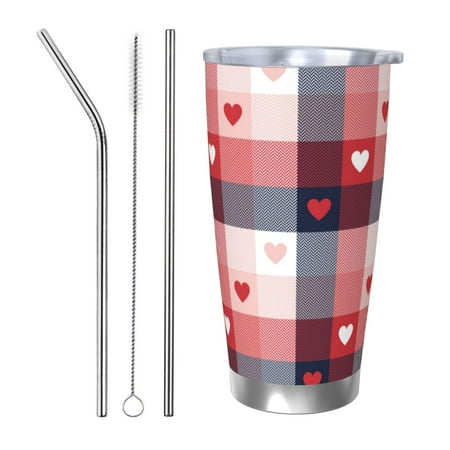 

Gaeub Heart Plaid Print 20-Ounce Stainless Steel Car Cup Tumblers Cups with Lids and Straw Coffee Cups for Adults Kids Home Car Office School Travel Party-Straw Three-piece Set