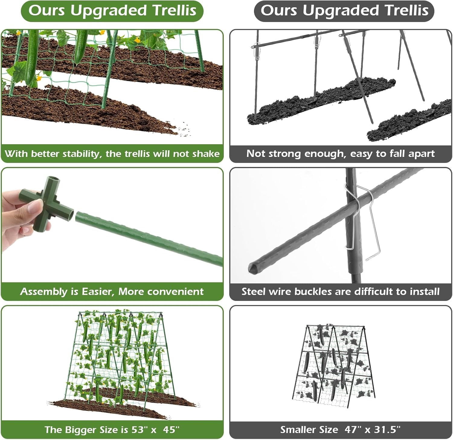 Cucumber Trellis for Raised Beds, 45 x 53 Inch Adjustable Size A-Frame Garden Trellis for Climbing  Outdoors with Climbing Net and  Support Clip for Vegetable Grape Tomato Bean Pea