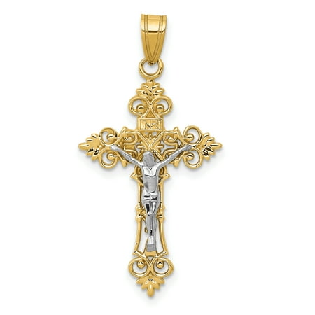 Designer I1 Necklace - 14k Yellow Gold Two Tone Medium Lacey Edged Inri Crucifix Cross Religious Pendant Charm Necklace Fleur De Lis Gifts For Women For Her