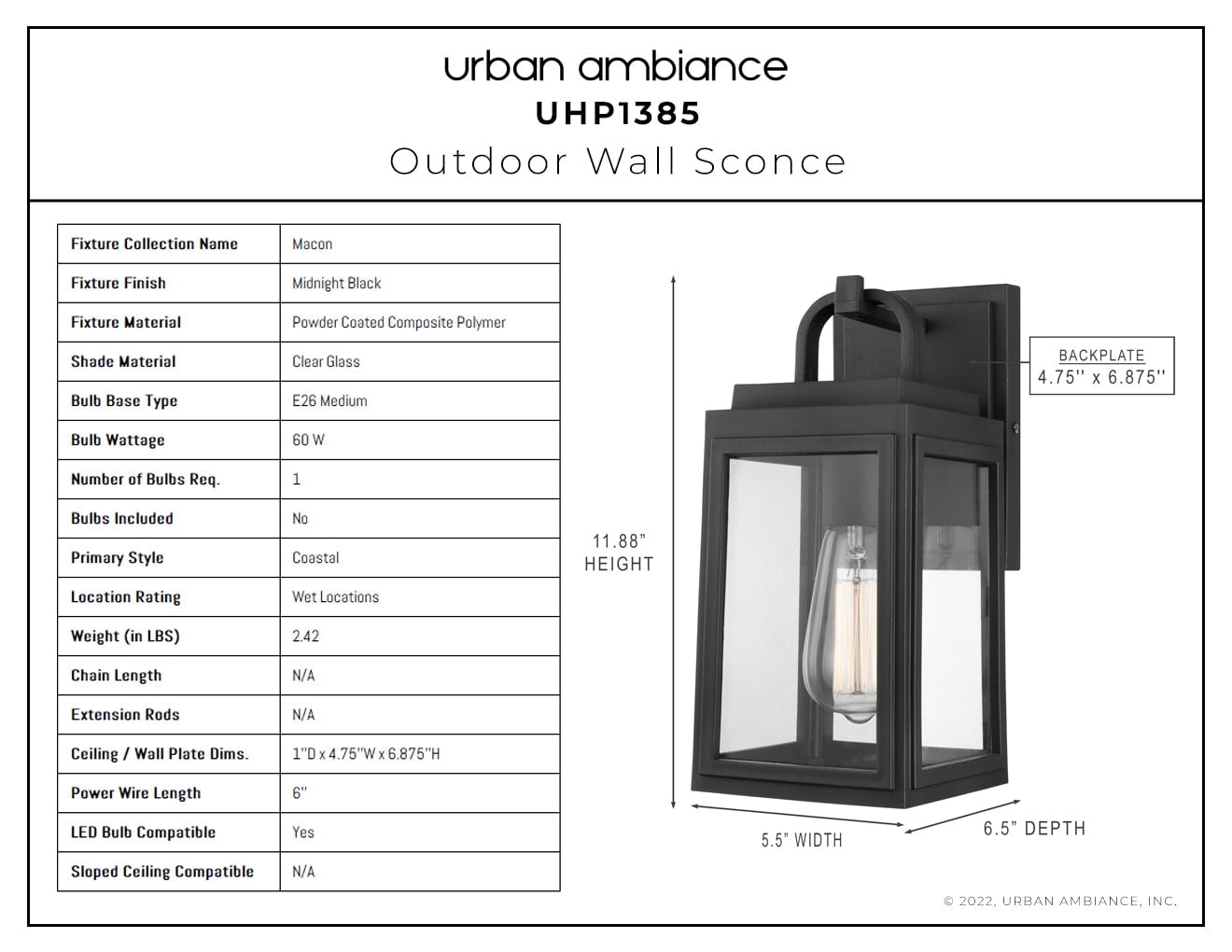 Luxury Farmhouse Wall Sconce, 11.875H x 5.5W, with Modern Farmhouse Style, Midnight Black, UHP1385 by Urban Ambiance