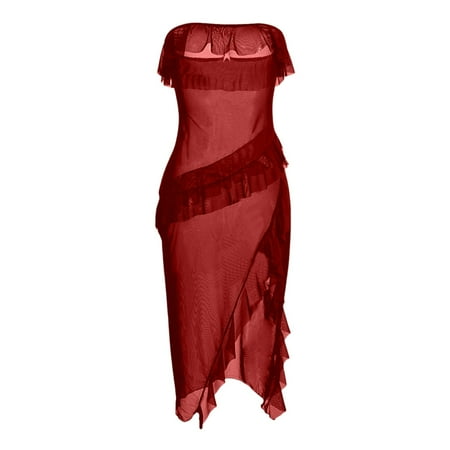 Celivon Lace Mesh Robes For Women Spring Summer Long Pajamas Smooth Lingerie Robe Sexy Nightdress V Neck Nightgown Side Slit Nightgown