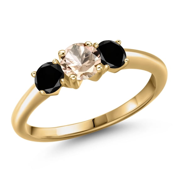 Gem Stone King 18K Yellow Gold Plated Silver Peach Morganite and Black Diamond Engagement Ring for Women | 0.94 Cttw | Round 5MM | Gemstone October Birthstone | Size 6