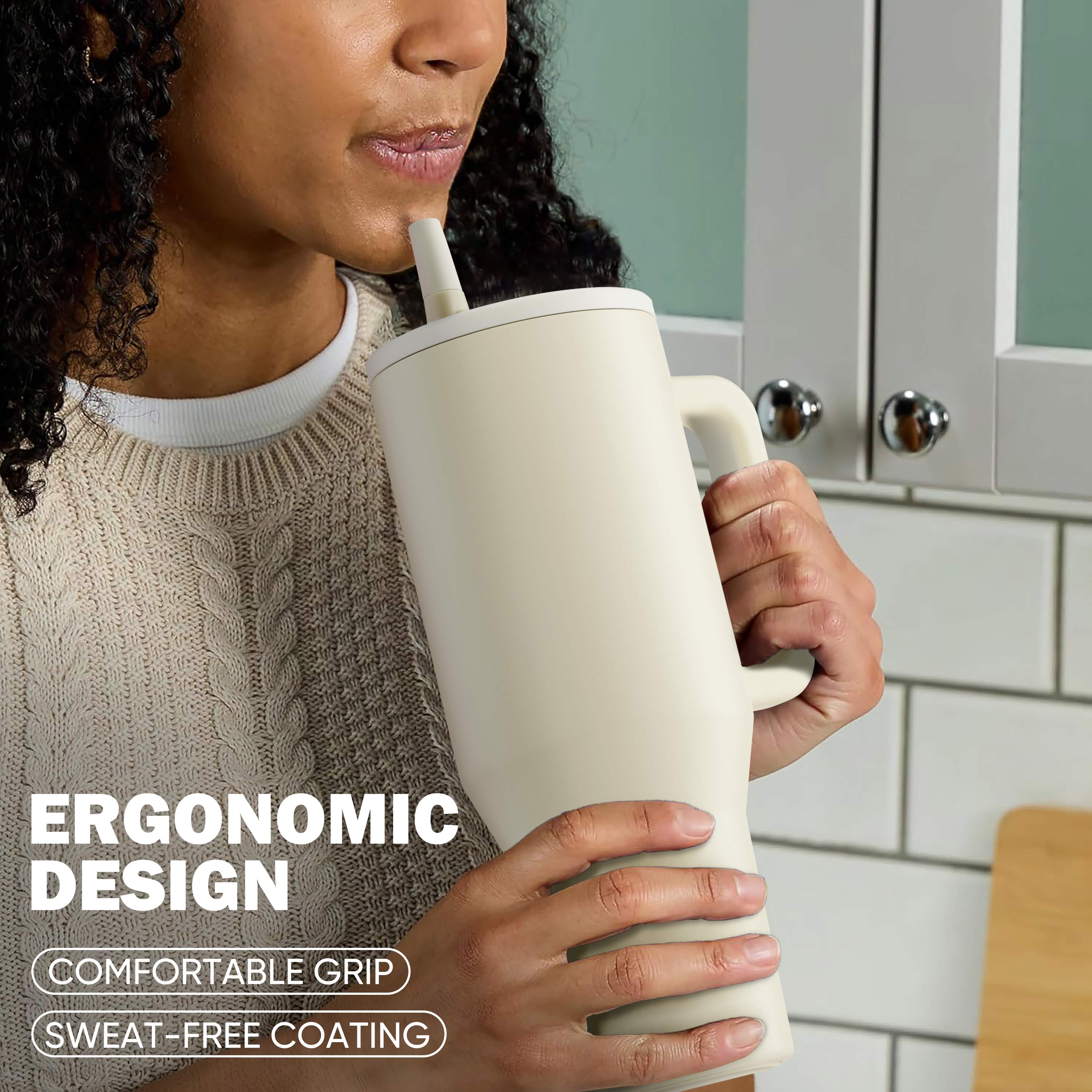 Coliware 40oz Vacuum-Insulated Tumbler with Lid and Straw, Cream photo 4