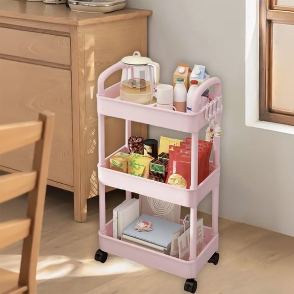 3 Tier Rolling Cart,Rolling Utility Cart Organizer,Plastic Utility Cart Storage Organizer with Lockable Wheels and Handle,Movable Storage Organizer,Shelves Rolling for Kitchen Bathroom Office
