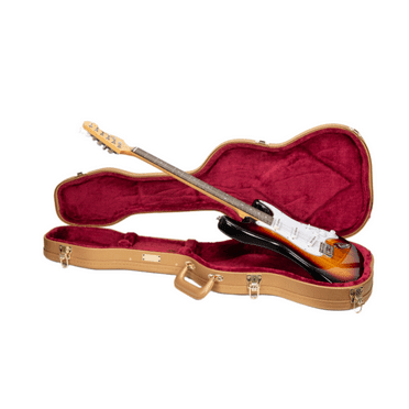 Crossrock Designer Series- Universal Wooden Case for Stratocaster and Telecaster Electric Guitars- Security Lock, Metal Feet, Storage Space- Luxury Gold