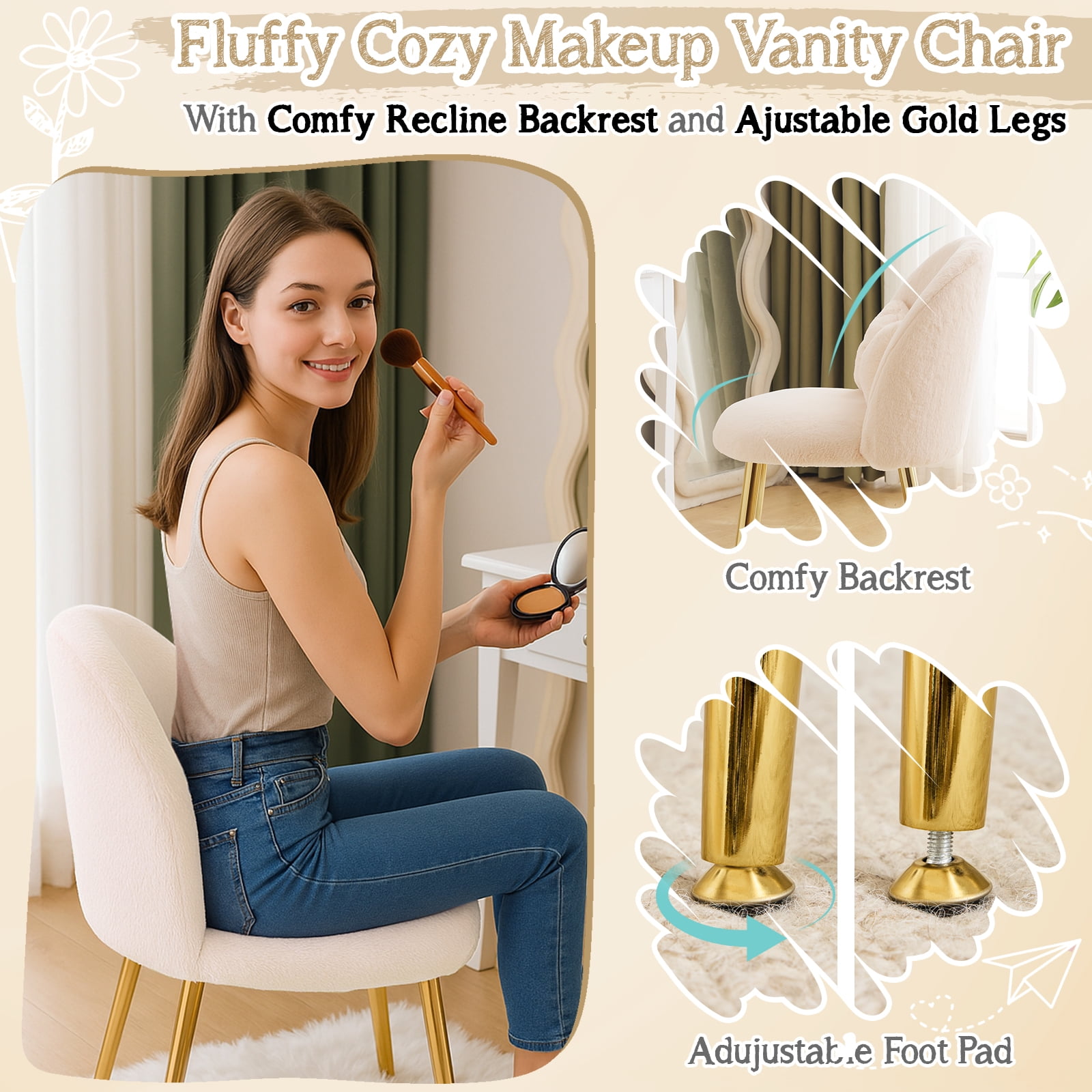 Ktaxon Vanity Makeup Chair Comfy Accent Chair Small Office Chair for Living Dining Room Bedroom Home Office Faux Rabbit Hair Light Khaki