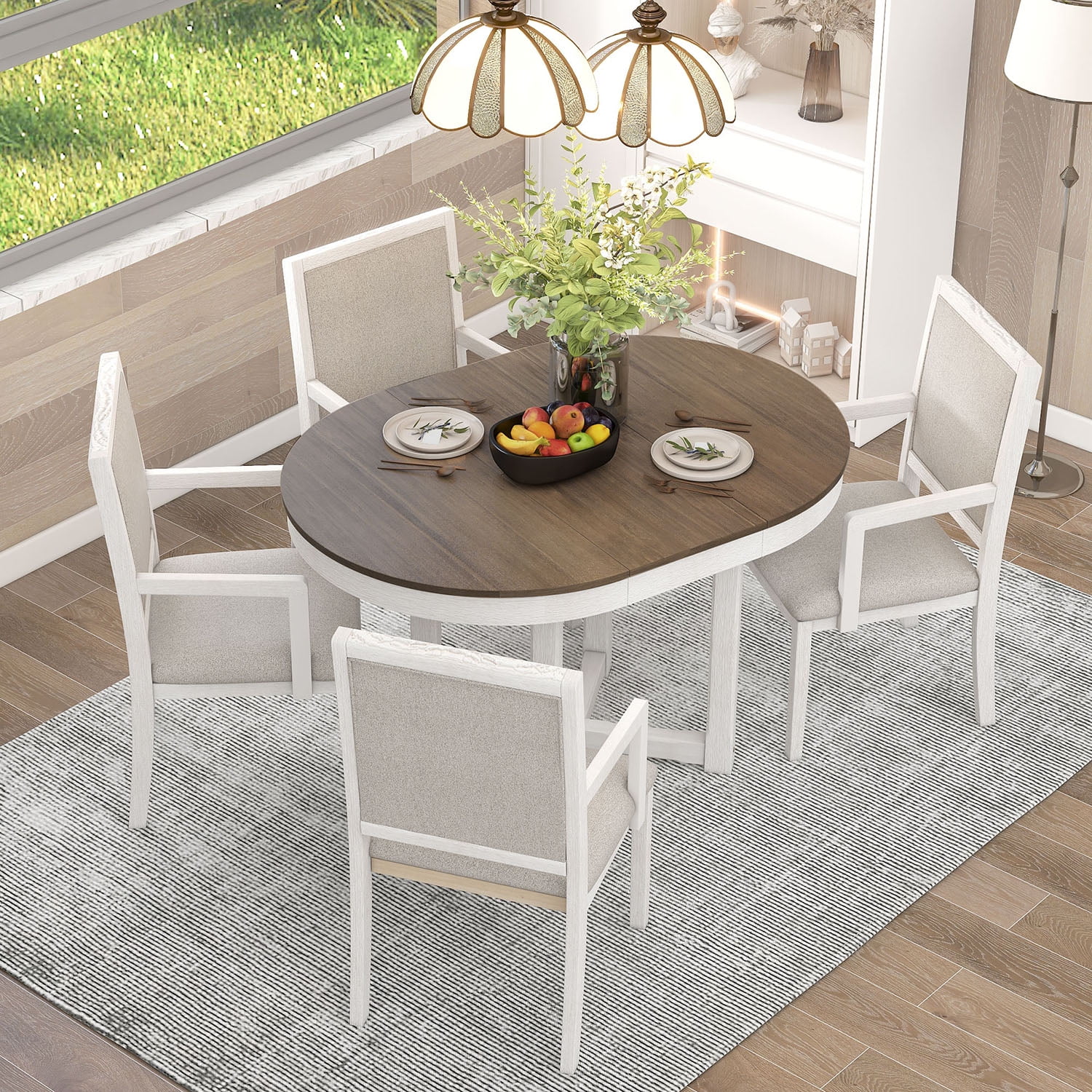 Kadyn 5-Piece Dining Table Set, 4 Upholstered Dining Chairs with Armrests, Extendable Butterfly Leaf Wood Dining Table, Brown+White