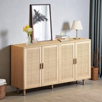 GZXS 62.2-Inch Rattan Buffet Cabinet with Storage, Bohemian 4-Door Sideboard w/ Adjustable Shelves and Solid Wood Legs, for Hallway, Living Room, Kitchen, Natural