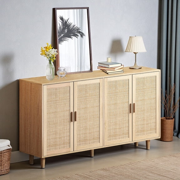 GZXS 62.2-Inch Rattan Buffet Cabinet with Storage, Bohemian 4-Door Sideboard w/ Adjustable Shelves and Solid Wood Legs, for Hallway, Living Room, Kitchen, Natural