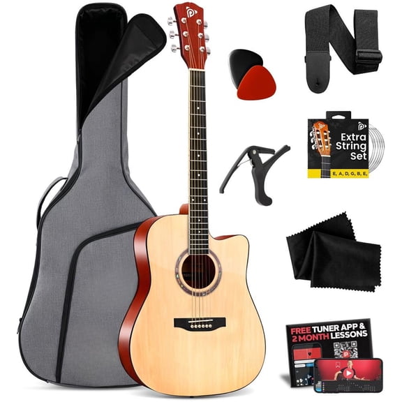 Pyle Beginners 41" 6-String Acoustic Guitar Kit, Full Size Cutaway Body with Carry Bag, Strap, Picks, Tuner & Accessories